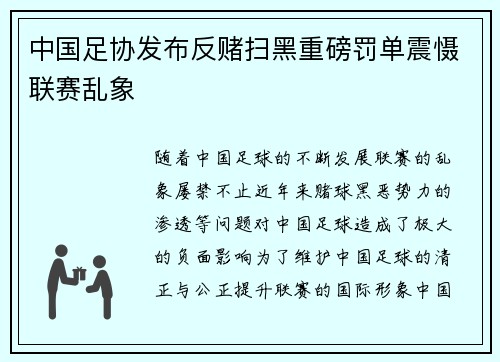 中国足协发布反赌扫黑重磅罚单震慑联赛乱象